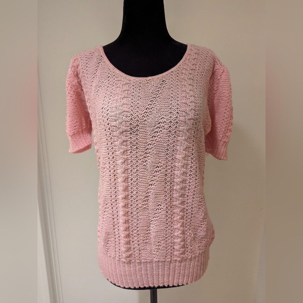 Vintage 1970s Miss Scotch English Pink Knit Pullover Sweater Medium Short Sleeve